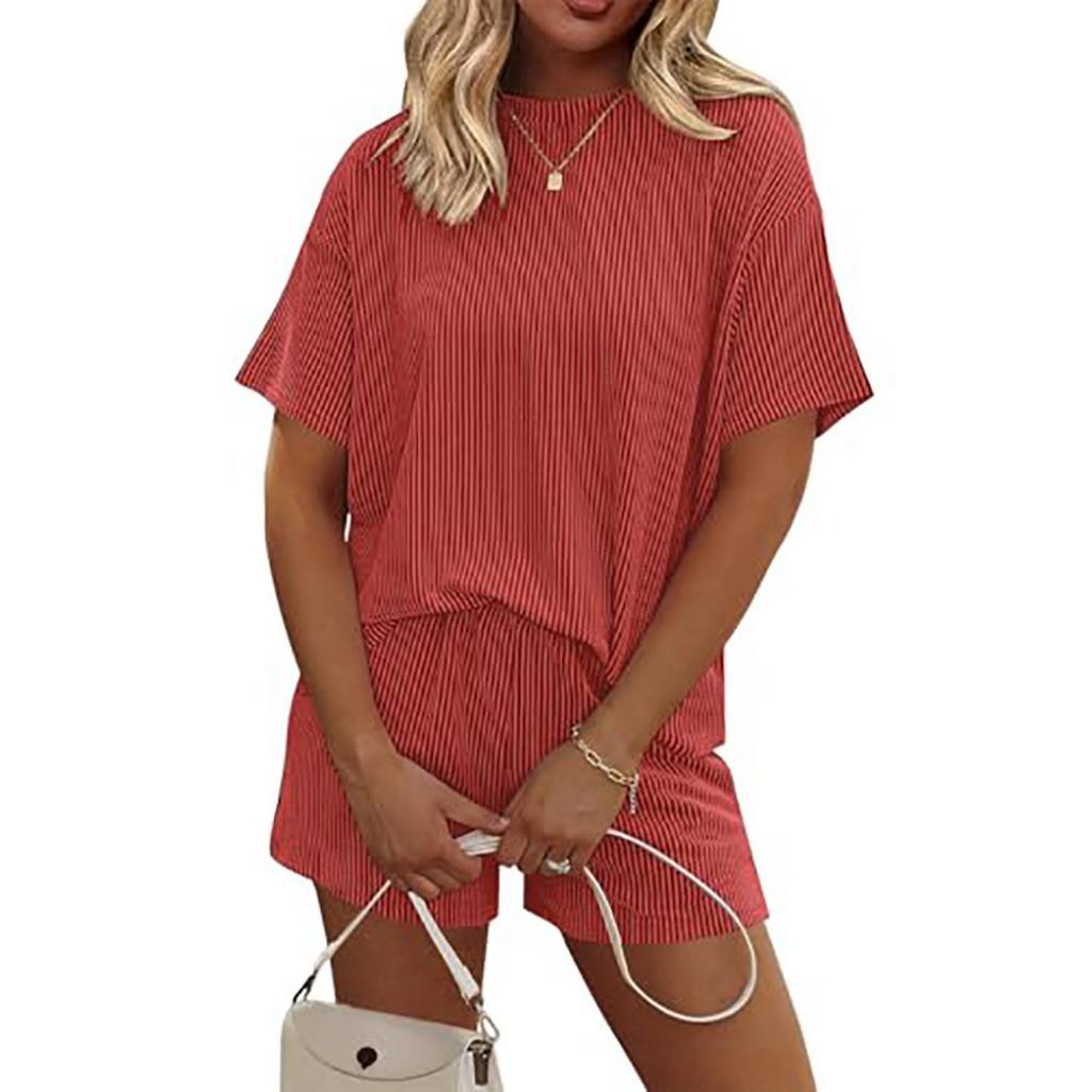 Stylish Striped Color-blocked Short-sleeved Loungewear Set For Women, Suitable For Wearing Outside.