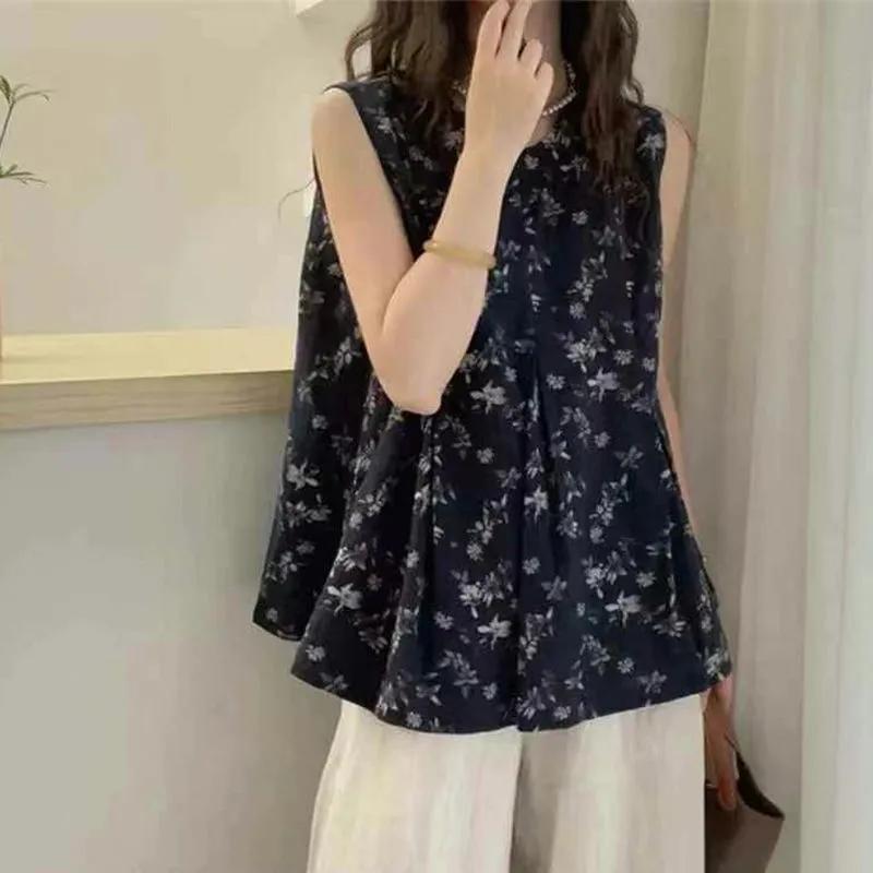 Women s Floral Print Sleeveless Pleated A-Line Loose Tank Top S чёрный