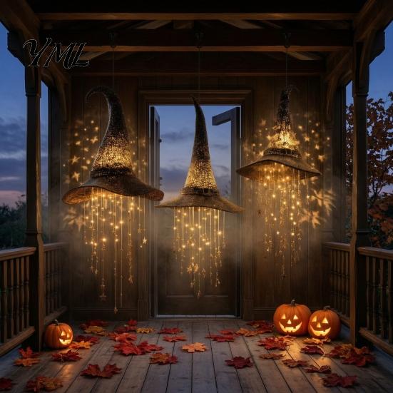 Seasonal Party Decorations Lighted Witch Hat Hanging Halloween Decor, LED Glowing Wizard with Lights Star Tassel Garland, Indoor Outdoor Porch Ceiling