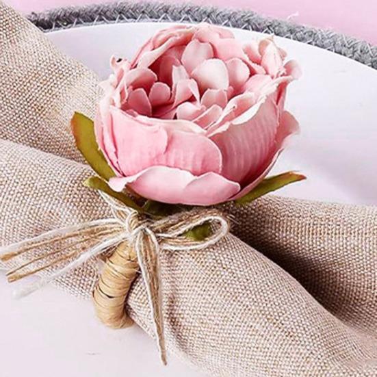 Inel de șervețel cu flori, inel de șervețel de trandafiri lucrat manual cu papion Suport de șervețel rustic pentru cină pentru petrecerile de nuntă de Ziua Îndrăgostiților