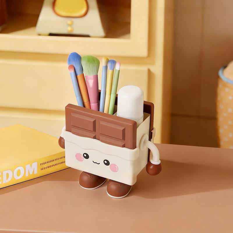 Cartoon desktop pen holder, multi-use storage box for stationery and makeup brushes.