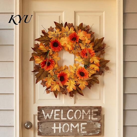 Decorative Door Hanger Fall Sunflower Maple Leaf Wreath with Pumpkin Pinecone, Thanksgiving Harvest Artificial Wreath, Indoor Outdoor Autumn Decor for