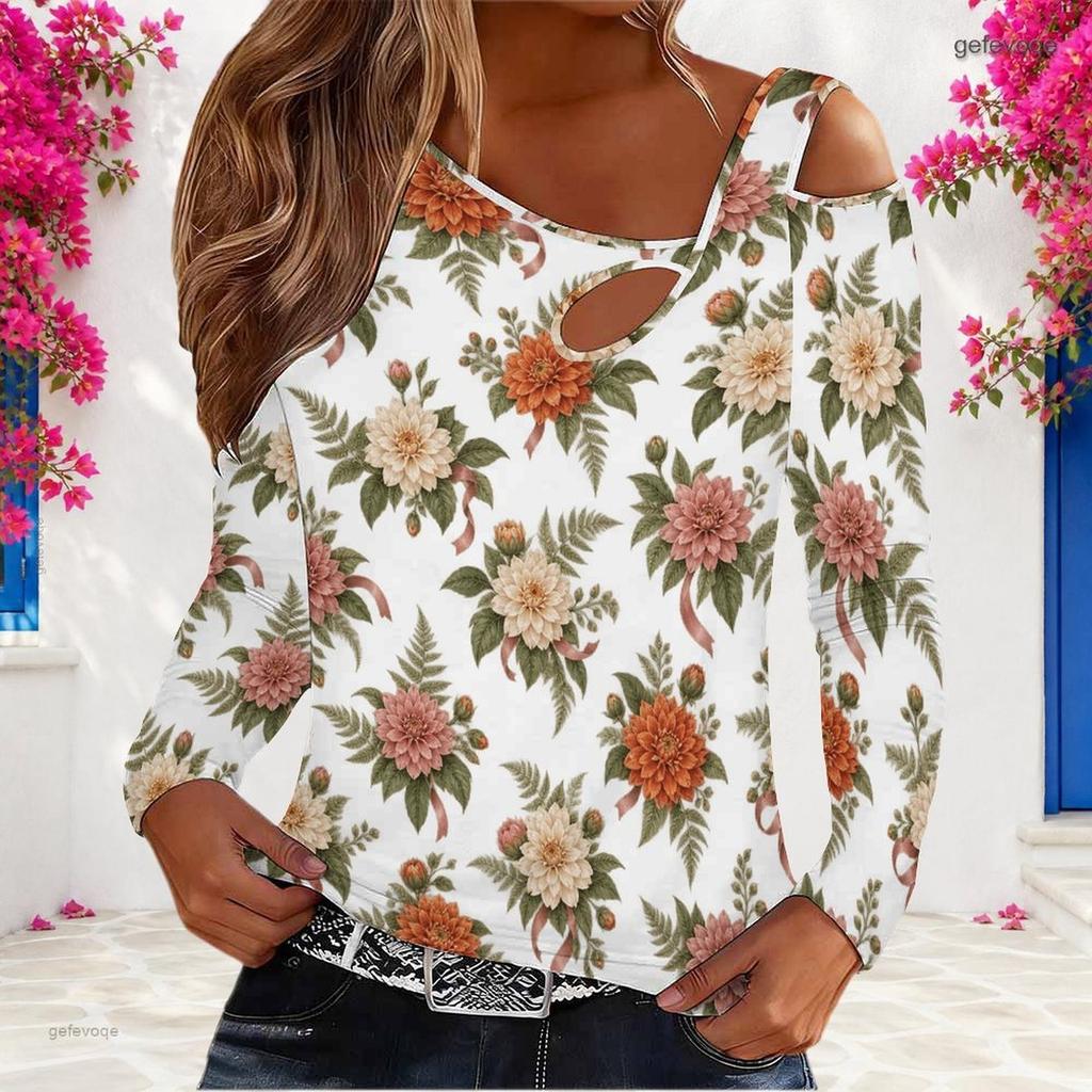 Women Plus Size White Floral Printed Asymmetric Cutout Cold Shoulder Long Sleeve Fitted Blouse