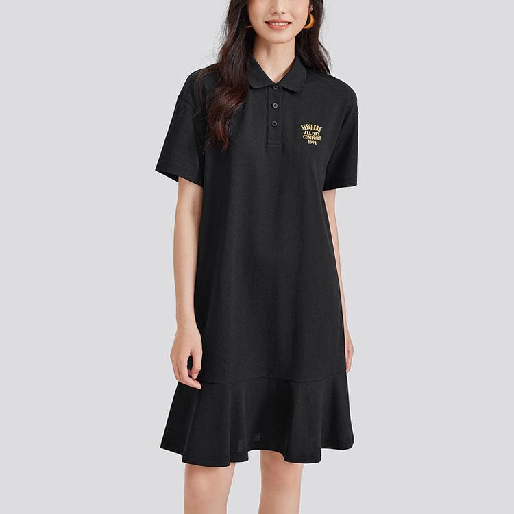 Skechers Logo Solid Color Sport Simple Fashion Drop Shoulder Loose Cool Soft Pullover Polo Neck Short Sleeve Dress Women dress L224W056-0018