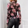 Autumn/Winter New Elegant Rose Floral Print Small Stand-up Collar Mesh Trim Top Women's Wear