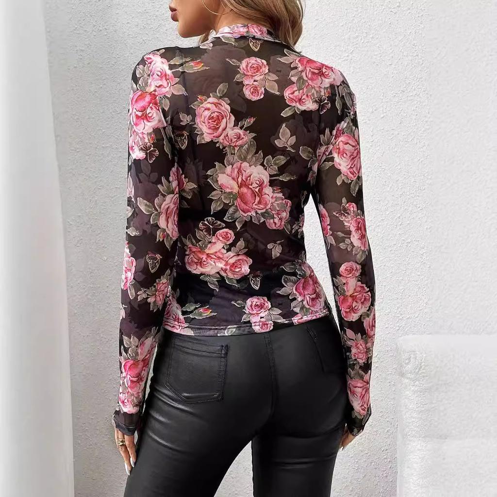 Autumn/Winter New Elegant Rose Floral Print Small Stand-up Collar Mesh Trim Top Women's Wear