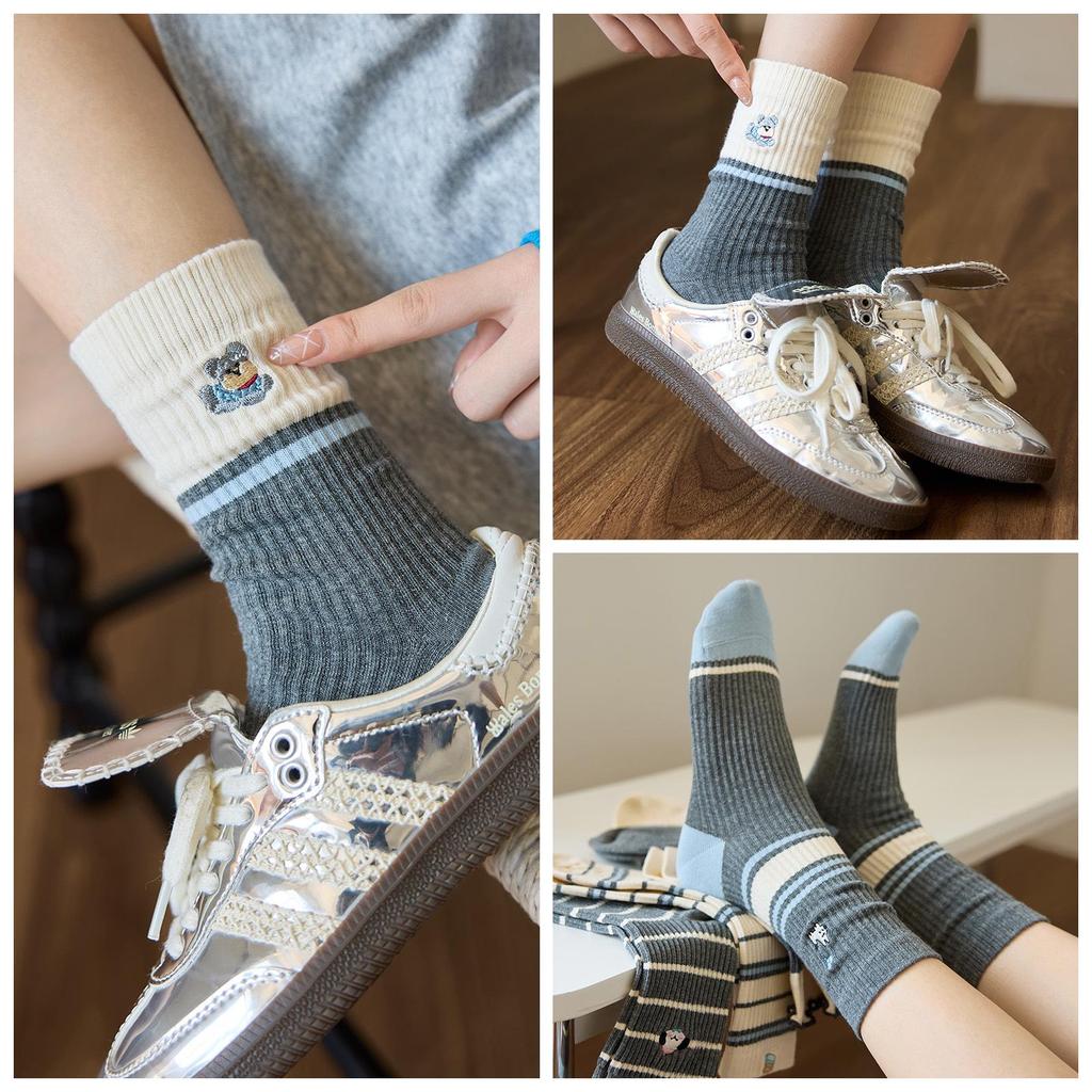 Women's Autumn-Winter Mid-Calf Cartoon Puppy Socks, Korean and Japanese Style, Color Block, Striped, Cute, Warm, Boneless.