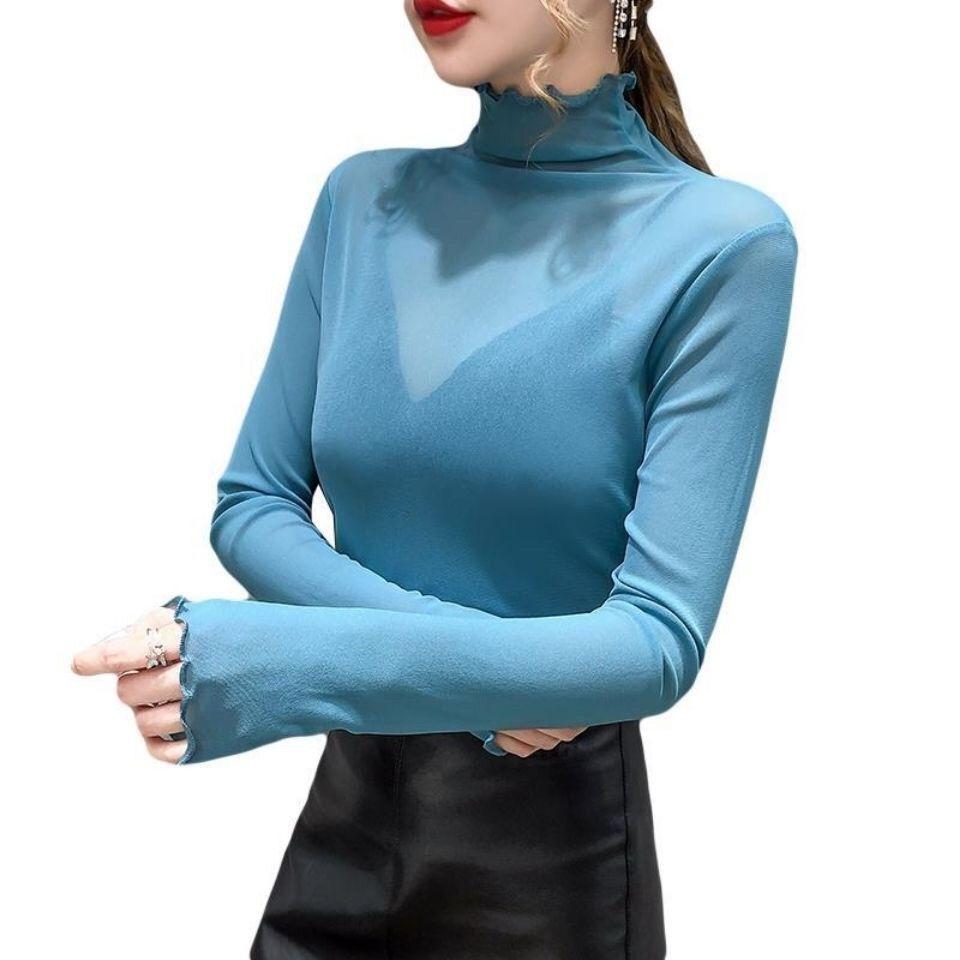 Lace Base Shirt Women's Long Sleeved Mesh Inner Top High Neck T-shirt Gauze Jacket