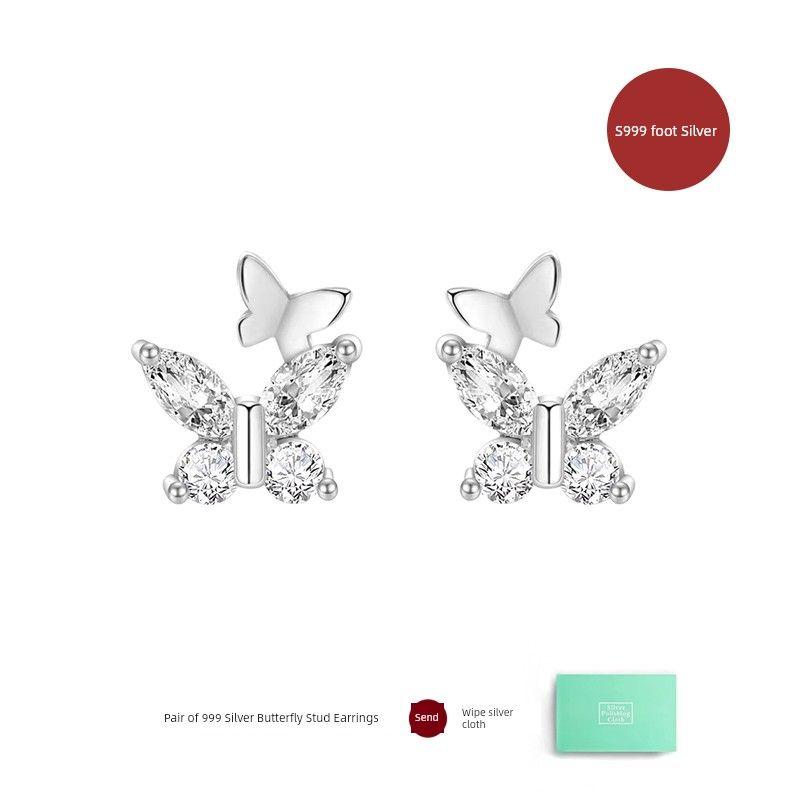

Accessible Luxury Sterling Silver Simple Earrings Sleep No Need to Take off Water Drop [999 Foot Silver] Diamond Butterfly Earrings