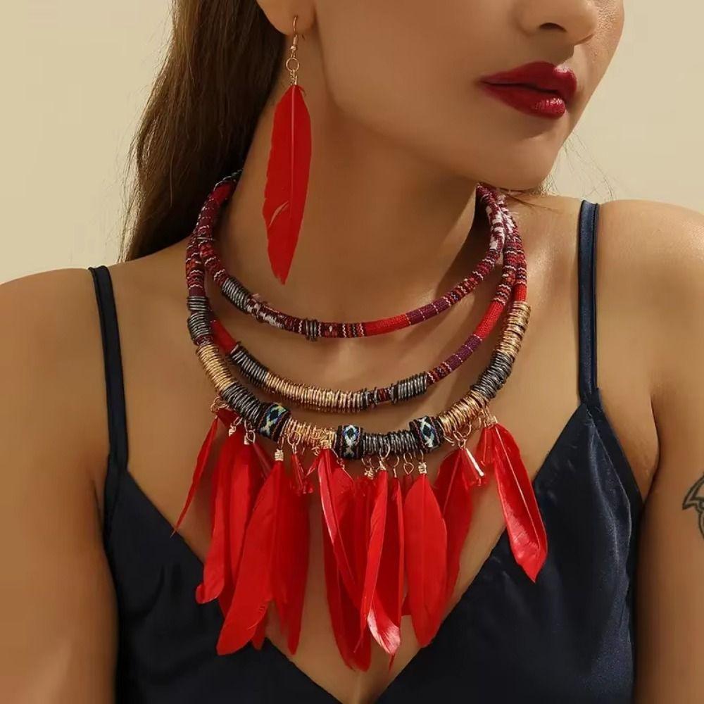 Vintage Bohemian Necklace Multilayer Ethnic Jewelry Set Feather Tassel Necklace Women Jewelry