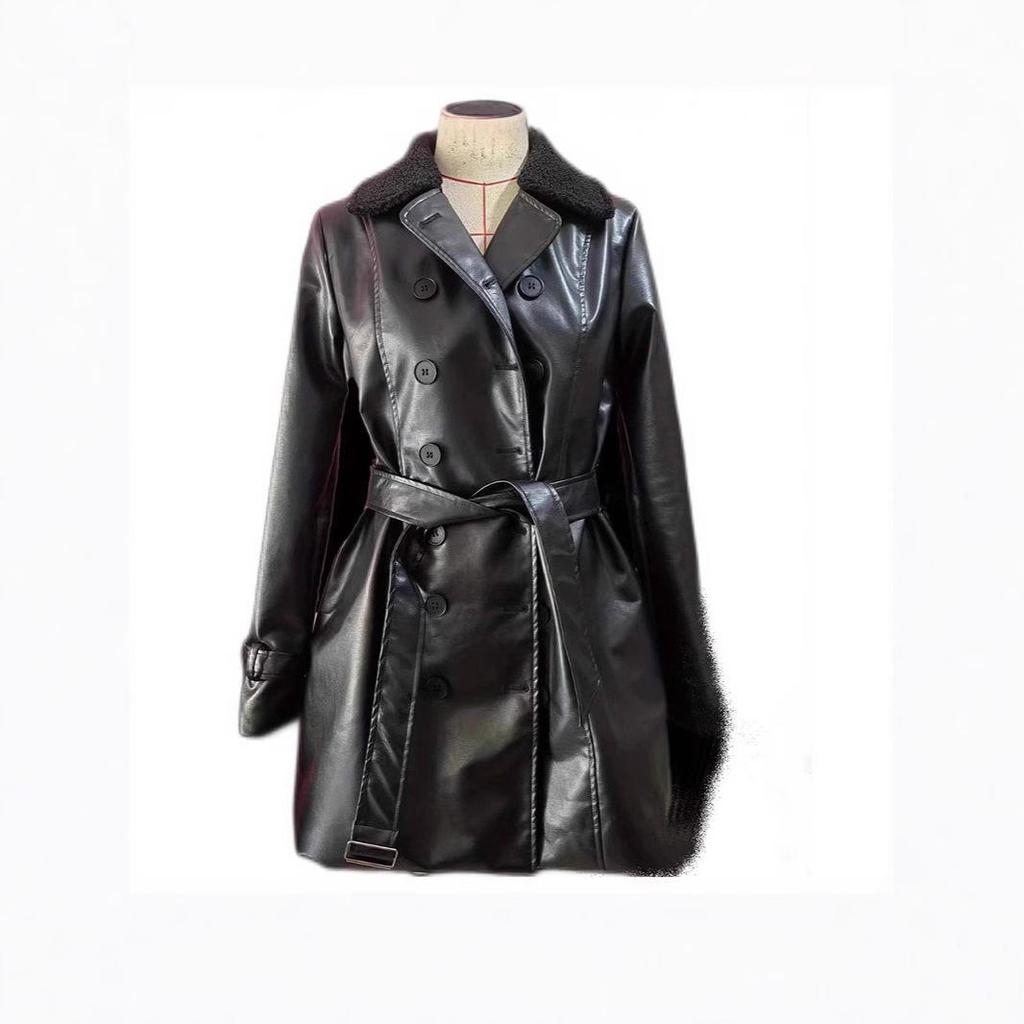 British Style Women's Mid-Length Leather Jacket with Thick Fur Collar