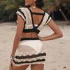 2Pcs/Set Women Swimsuit Set V-neck Hollow Crochet Front Tie Tops High Waist Cover Up Skirt Set Patchwork Color Swimwear