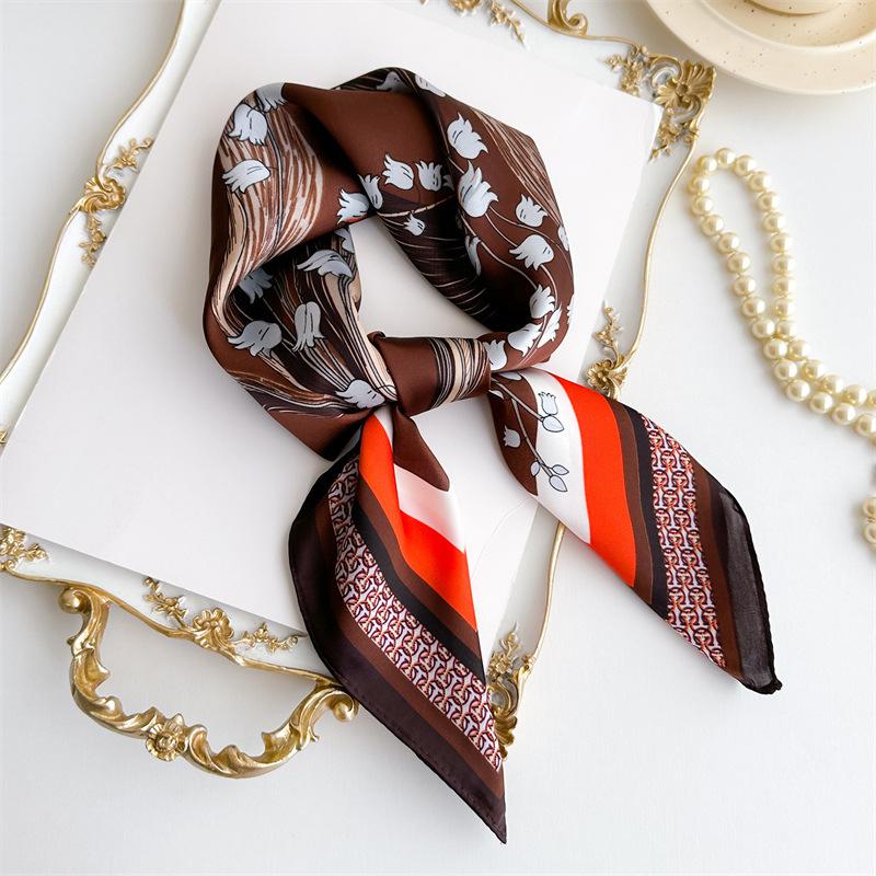 Summer New Flower Printing Scarf Simulation Silk 71cm Small Square Scarf Simple and Versatile Sun Protection Professional Scarf Women