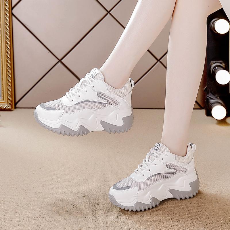 Lace-up Casual Shoes Women's Thick-soled Inner Height Increase Summer Breathable Mesh Shoes Low-top Muffin Bottom Dad Shoes Women