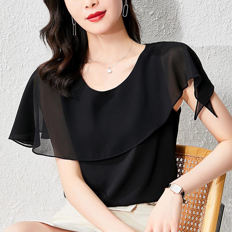 Aiyimaiyi 2023 Summer Chiffon Short-Sleeve Women's Slim Fit Belly-Covering Top