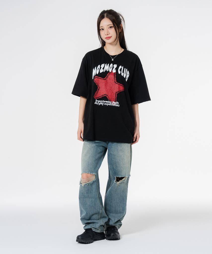 MOZMOZ Crayon Star Oversized Short Sleeve T-Shirt Black