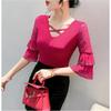 Summer European Clothes New Sexy V-neck Mesh T-shirt Hot Diamonds Women's Tops Fashion Flare Sleeve Tees