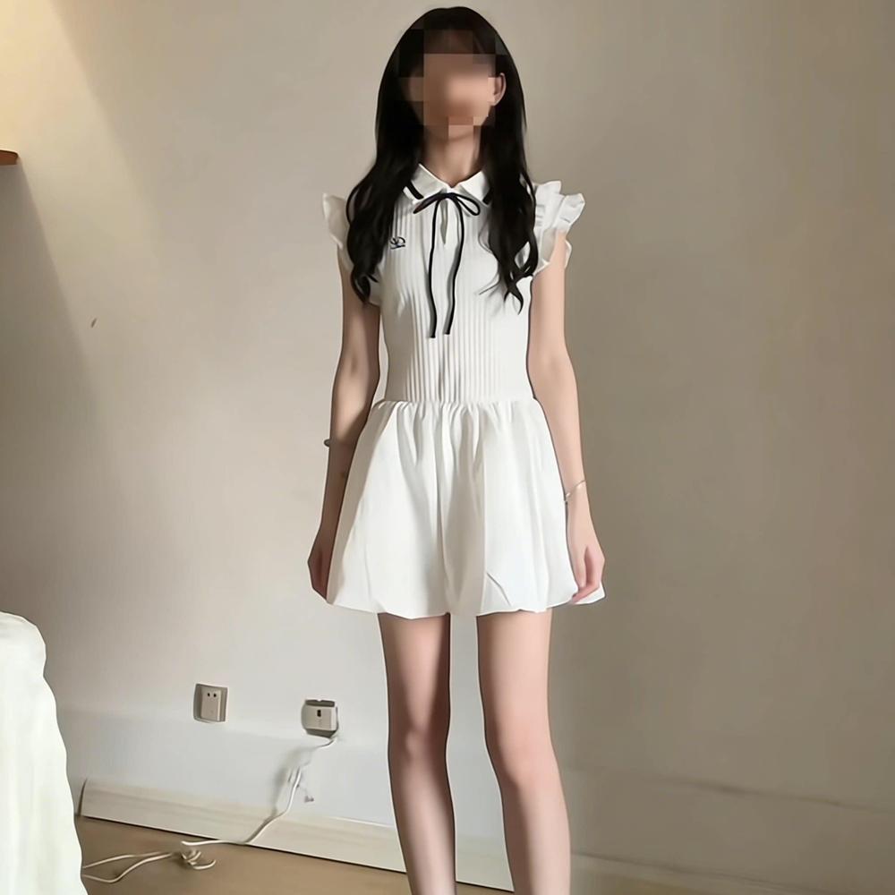 White Xiaoyu Original College Style Bow Strap Polo Shirt Dress Women's Summer Pinch Waist Skinny Pleated Short Skirt