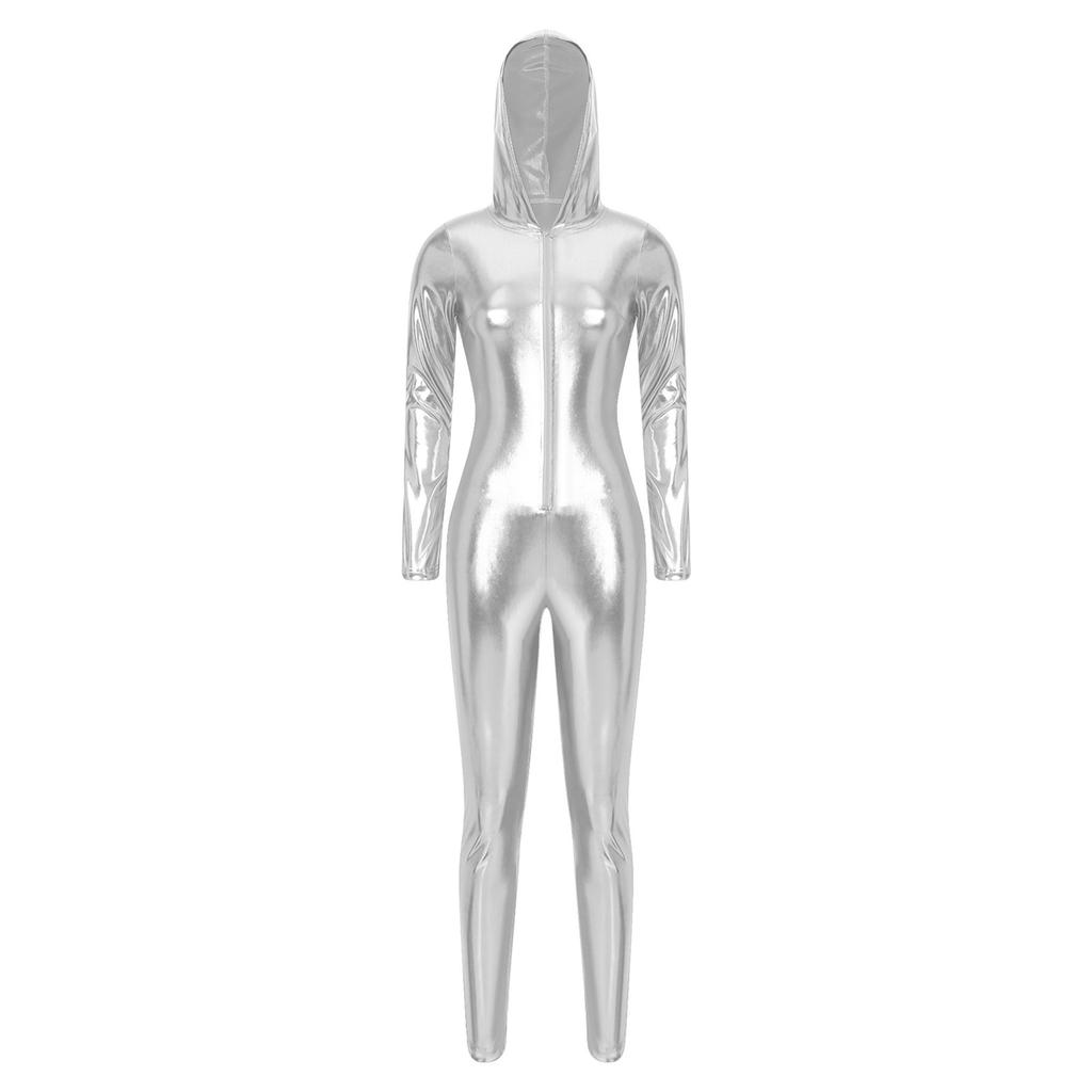 Womens Metallic Shiny Rave Clubwear Hooded Jumpsuit Long Sleeve Front Zip Up Leggings Tights Catsuit