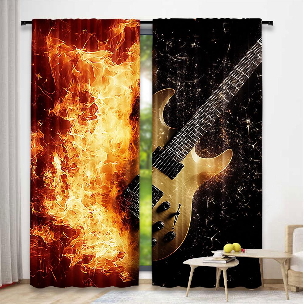 Set Of 2 Guitar Curtains Rock Music Hip Hop Hippie Flame Suitable Bedroom Living Room Dining Bathroom Curtain For Made Polyester