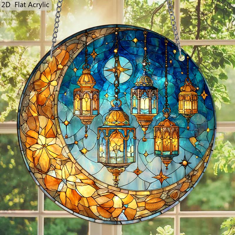 Acrylic Crescent Moon & Ramadan Lanterns Suncatcher, Stained Glass Effect Window Hanging Ornament for Islamic & Ramadan Lover Gifts