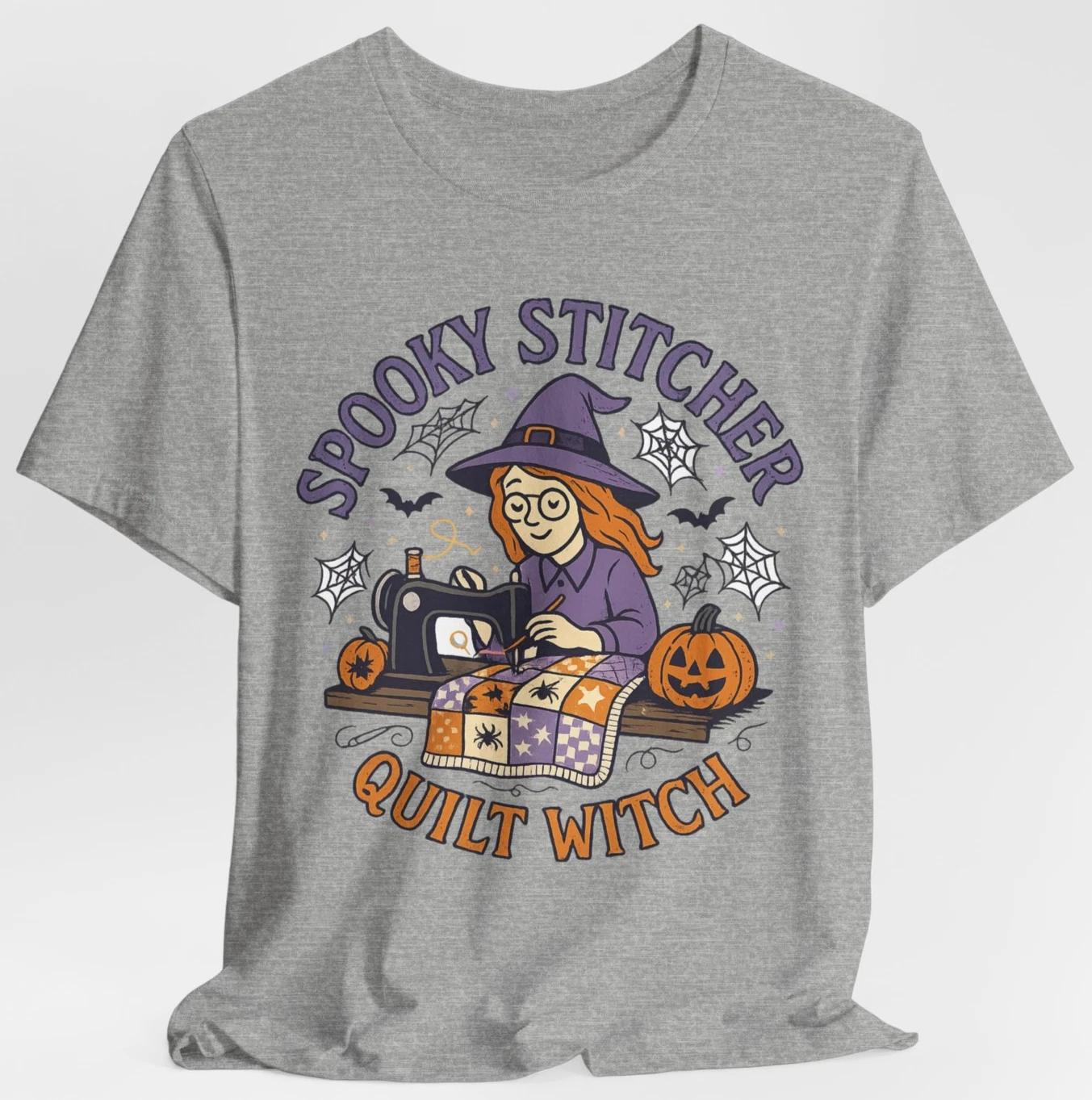 Spooky Stitcher Quilt Witch Halloween T-Shirt Funny Quilter Sewing Witch Tee S