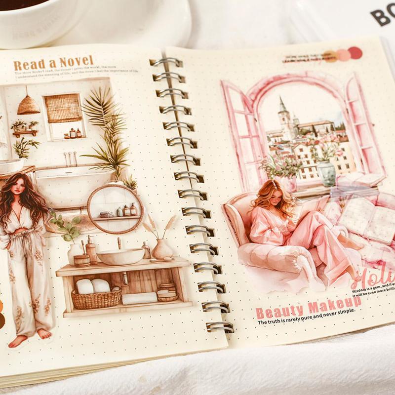PET Sticker Book Coffee Fashion Girl Studying Daily Life Scene Notebook Sticker Book Creative DIY Greeting Card Cup Decoration