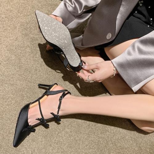 Fashion New French Style Rhinestone Bow Satin Vulcanized Heels Pointed Toe Stiletto Fairy Princess Fashion Sandals Women
