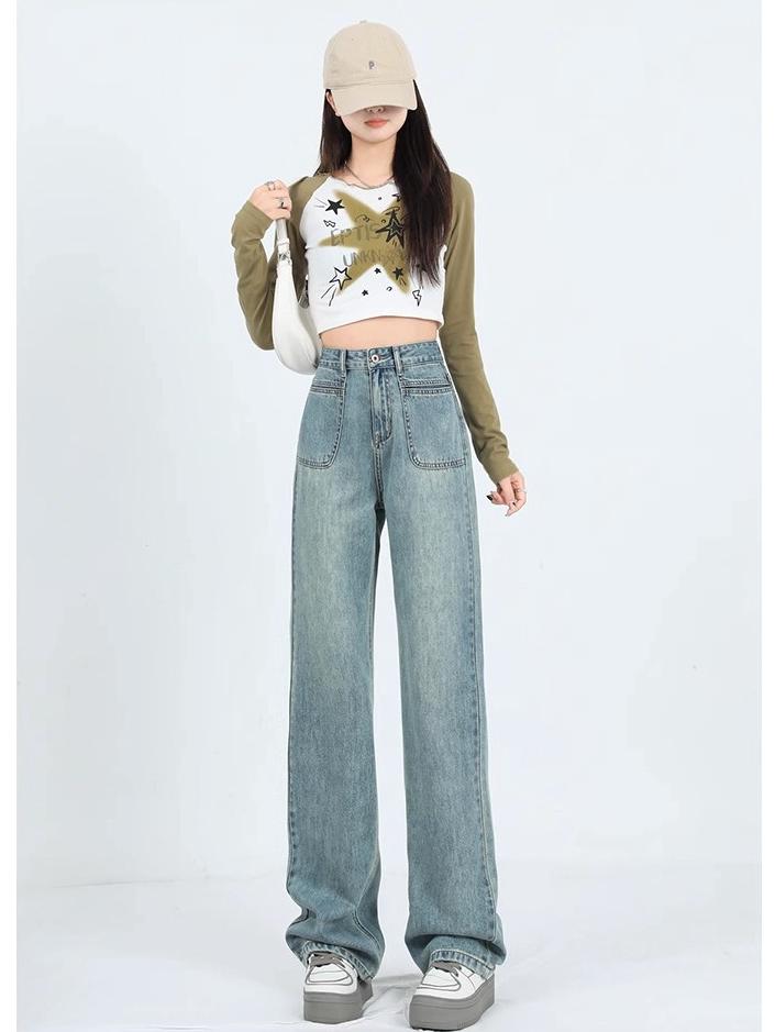 

Women s High Waist Retro Jeans - Slim Straight, Wide Leg, Floor-Length Pants for Spring/Autumn Small светло-синий