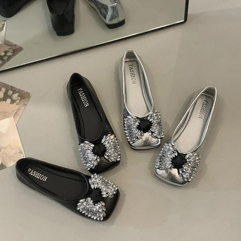 Summer New Rhinestone Butterfly-knot Square Toe Shallow Mouth Women's Flats 2025 Fashion Flat with Soft Bottom Ladies Shoes