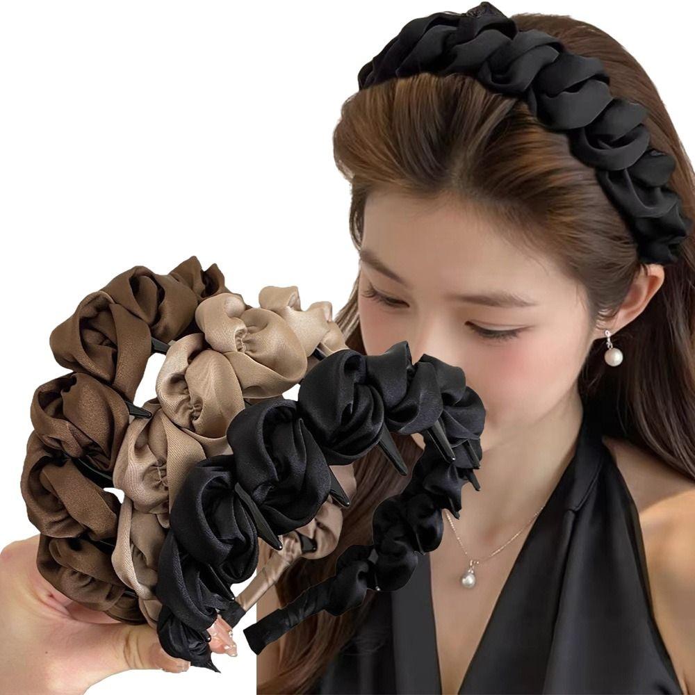 Anti-Slip Teeth Wrapping Ribbon Headband Ruched Texture Satin Headband Makeup Styling