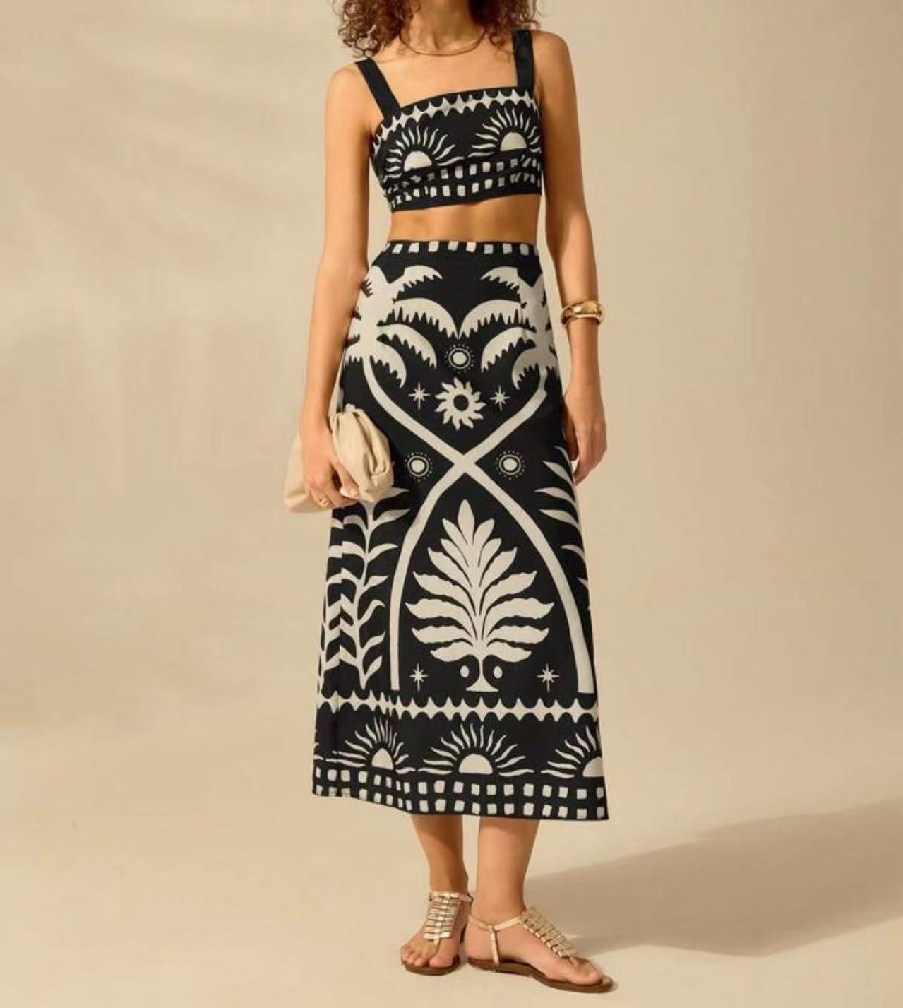 

Women s Sleeveless Crop Top and Maxi Skirt Set with Tropical Print XS чёрный