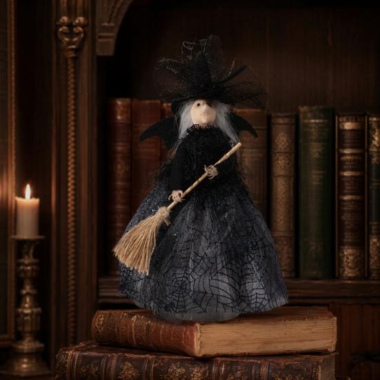 Halloween Witch Tree Topper Decoration Witch Holding Broom Ornament Witch with Mesh Spider
