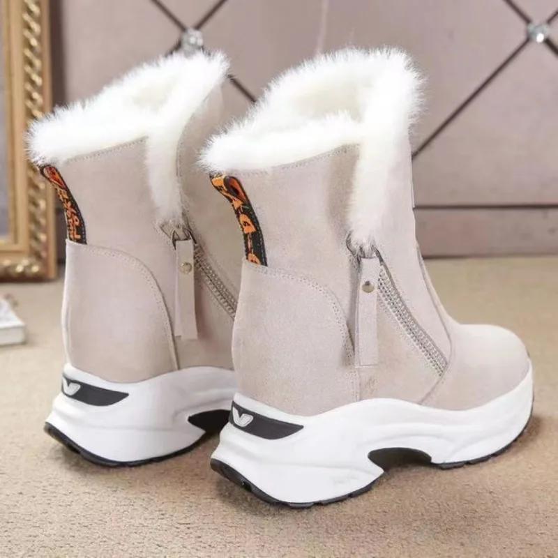 Fashion Wedge Shoes Leather Snow Boots  Winter Boots Warm Women's Shoes Mid-Calf Ladies Platform Booties