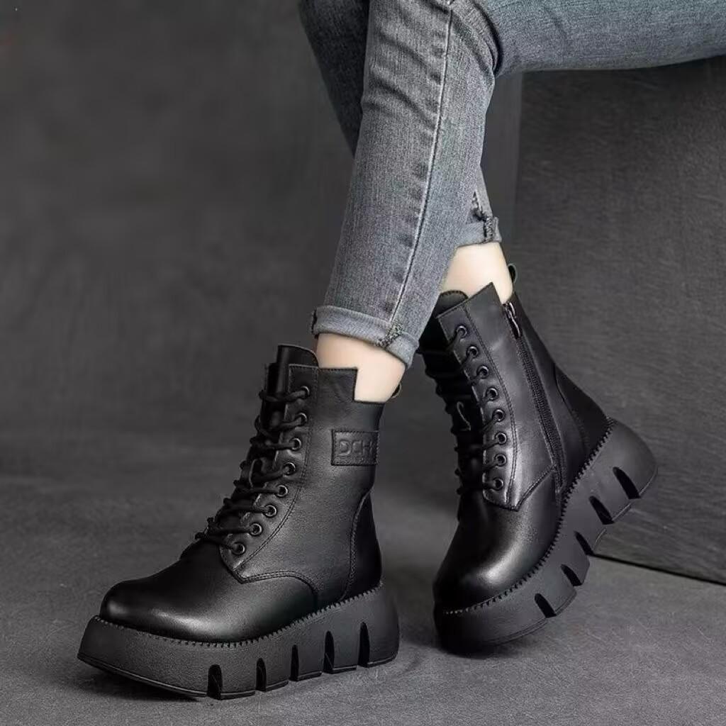Winter New Warm Velvet Thickened Martin Boots Soft Leather Retro Thick-soled Waterproof Table Large Cotton Boots