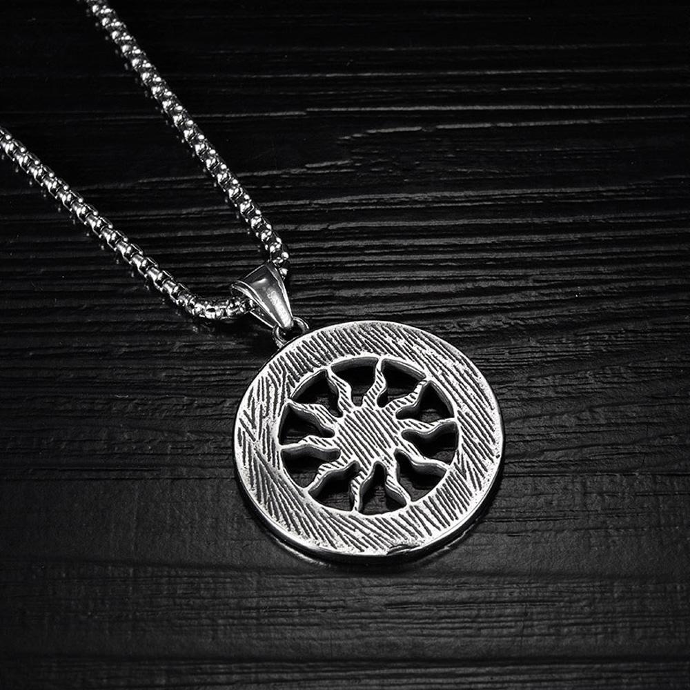 Vintage słońce bóg Apollo naszyjnik moda okrągły Nordic ze stali nierdzewnej Viking Rune naszyjnik mężczyźni biżuteria Amulet prezent