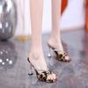 2025Silk Leopard Print Rhinestone Stiletto Mules Square Toe Peep Toe High Heels Summer Women Shoes Elegant Sandalias De Mujer