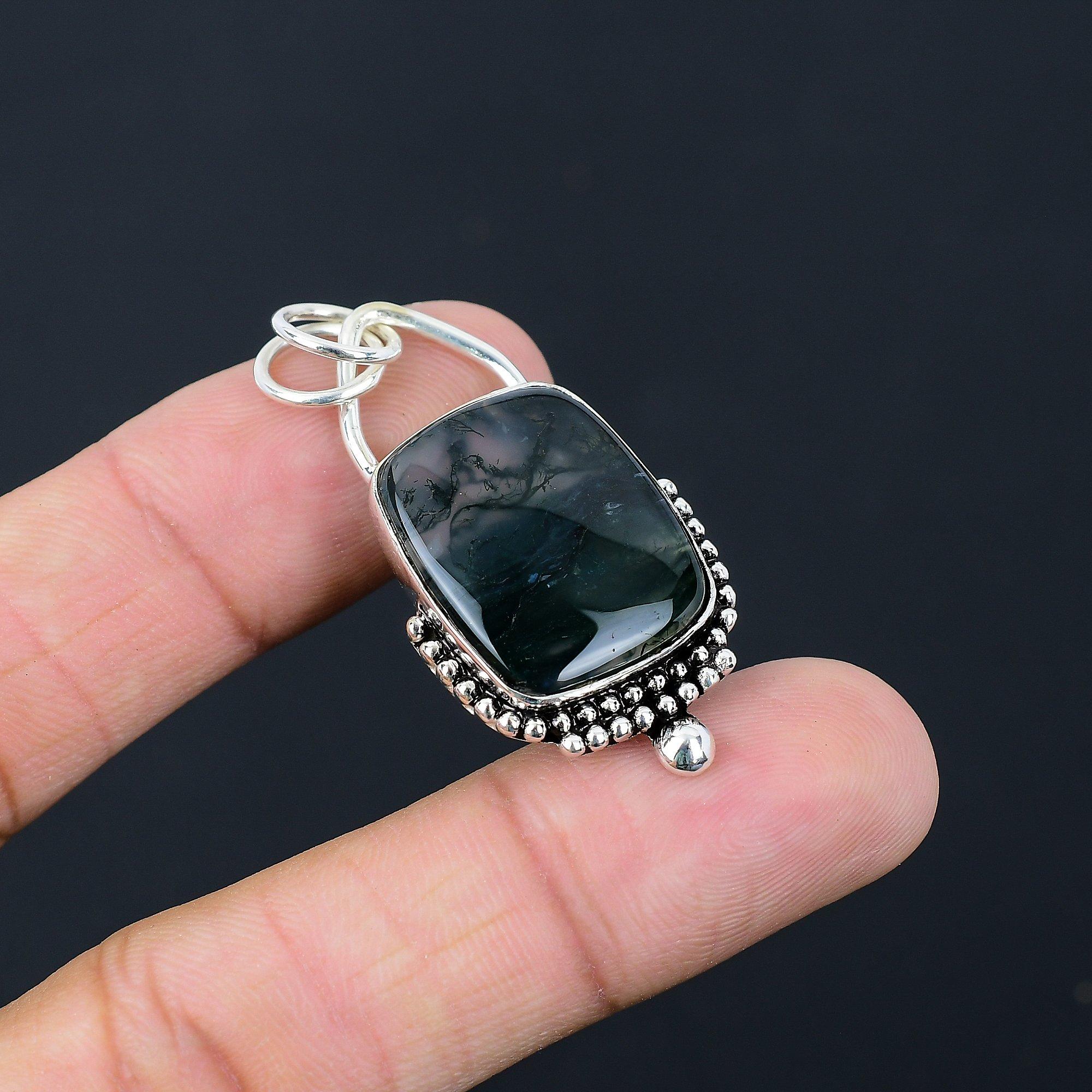 

925 Silver Radiant Natural Solar Moss Agate Sister Anniversary Wedding Pendant