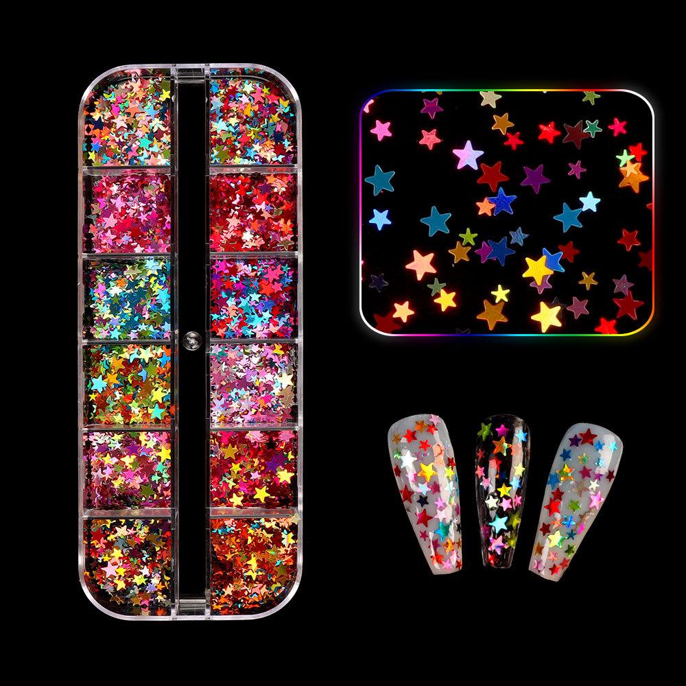 Nagelglitzer-Pailletten, 12 Gitter/Box, Zellstoff, unregelmäßige Flocken, Nagelglitzer, glänzender Laser, mehrfarbig, Nagelkunst-Dekoration