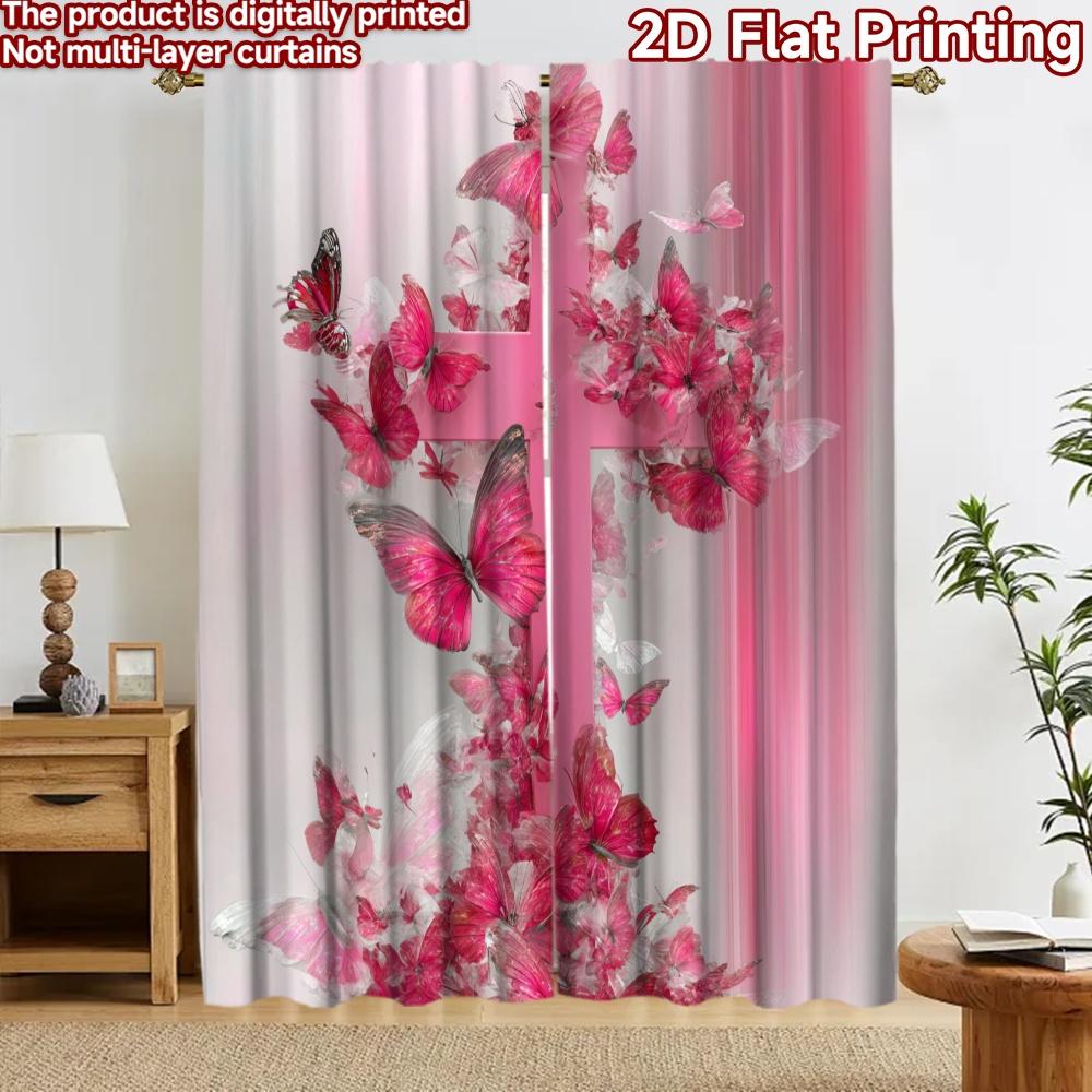 2D Flat Printing 2pcs Curtain Party Curtain Easter Pink Cross Butterflies Digital Printed Polyester Drapes Party Decorations for