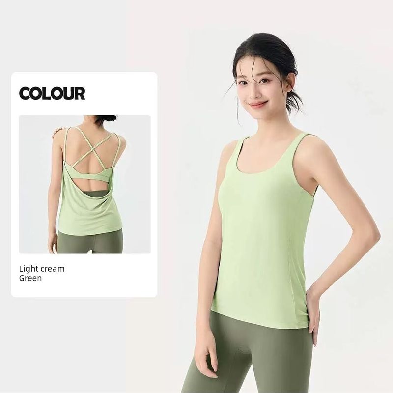 

Fake 2 Pieces Sexy Yoga Clothes U-Shaped Cami Breathable Running Sports Vest Outdoor Cover up Women Workout Clothes Green M