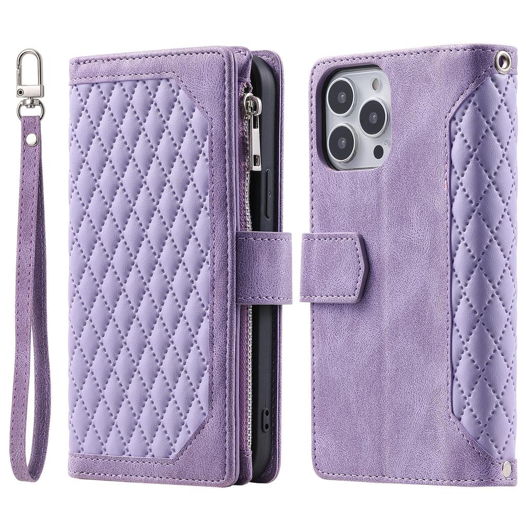 Style 005 For iPhone 16 Pro Zipper Wallet Case Rhombus Stitching Line PU Leather Phone Cover