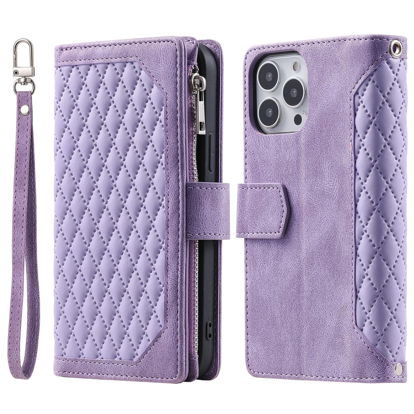 

Style 005 For iPhone 16 Pro Max Case Rhombus Stitching Line PU Leather Zipper Wallet Phone Cover Purple