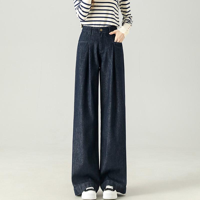 

Dark Blue Wide-Leg Plush Jeans for Women - 2026 Autumn/Winter Loose Floor-Length, High-Waisted Style Large темно-синий