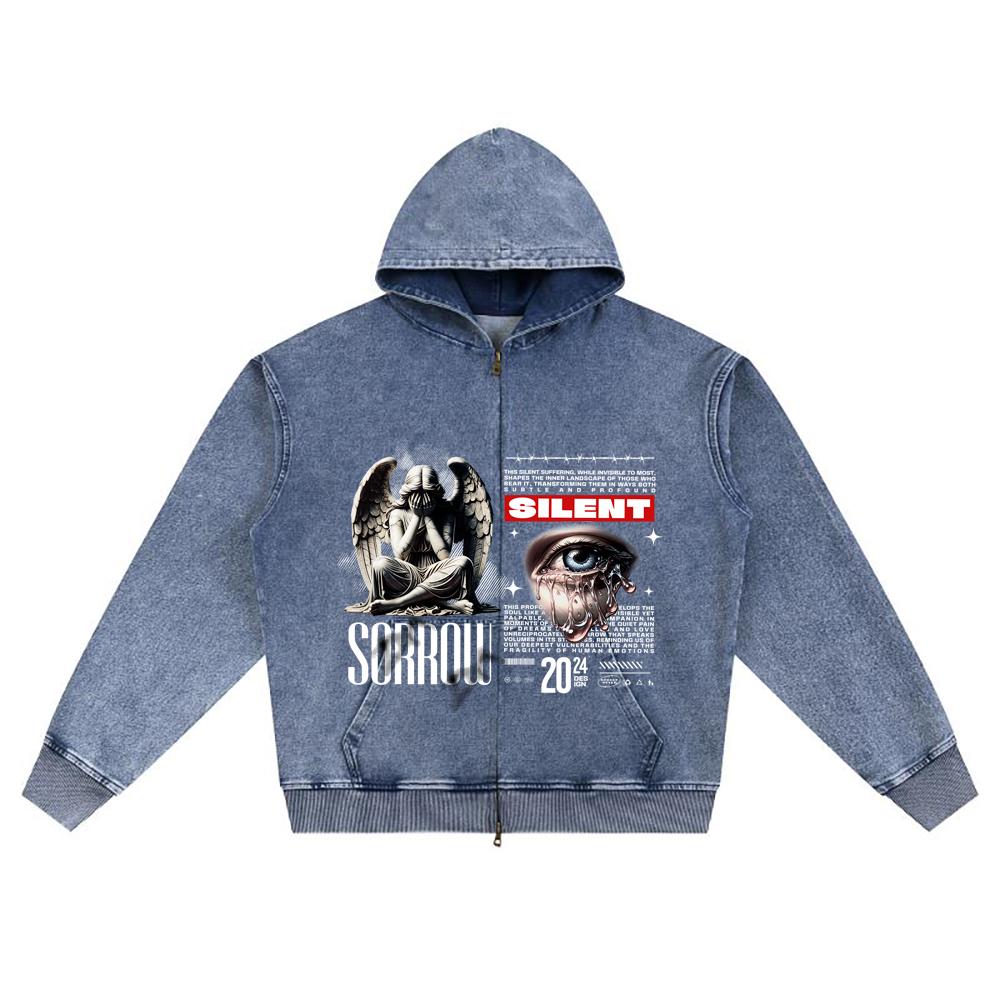 Impresión DTG Sudadera con Cremallera de Mezclilla Tejida Streetwear Ángel Estampado Hermano Sudaderas con Cremallera