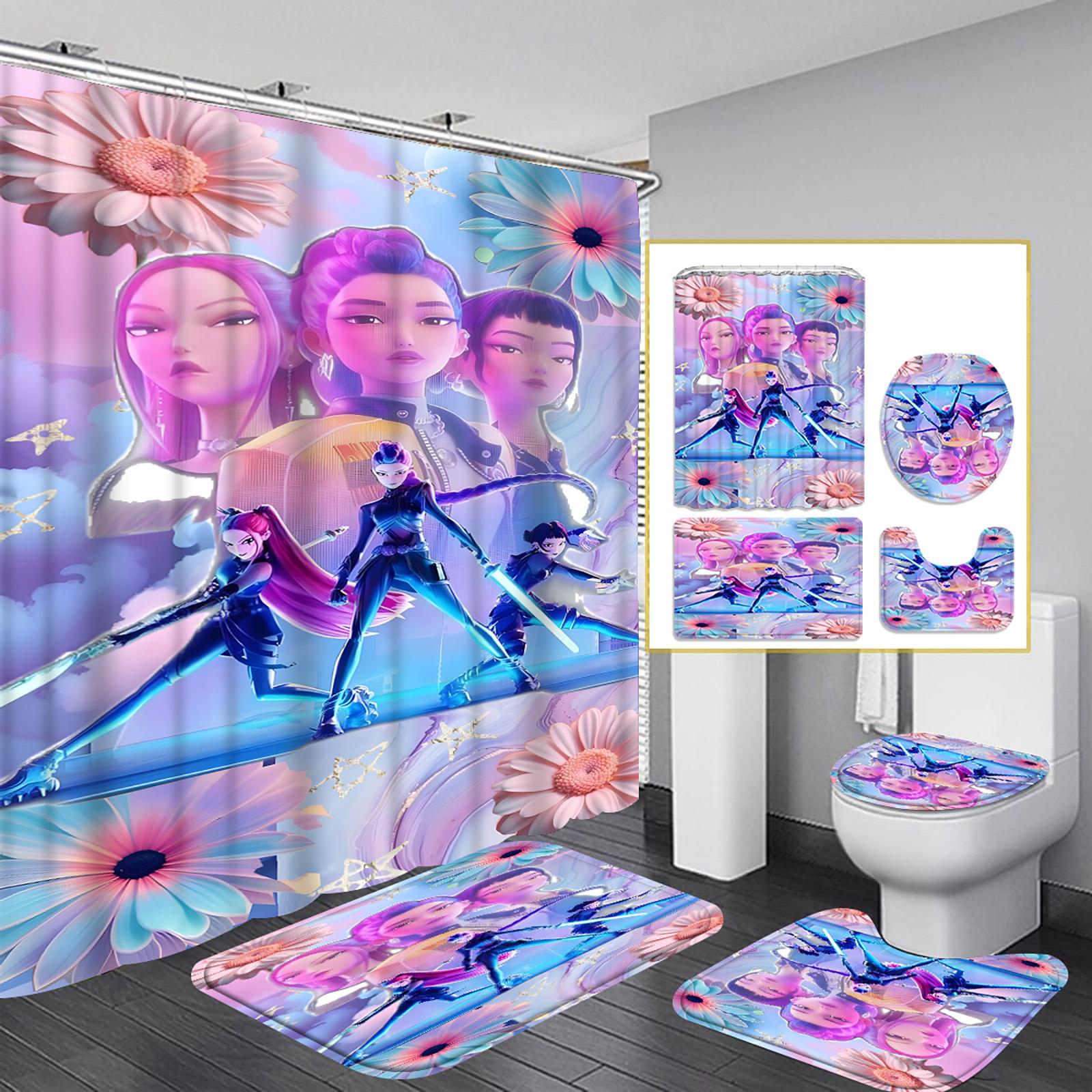 

Комплект из 4 предметов: коврик для ванной с принтом персонажей и штора для душа One Size