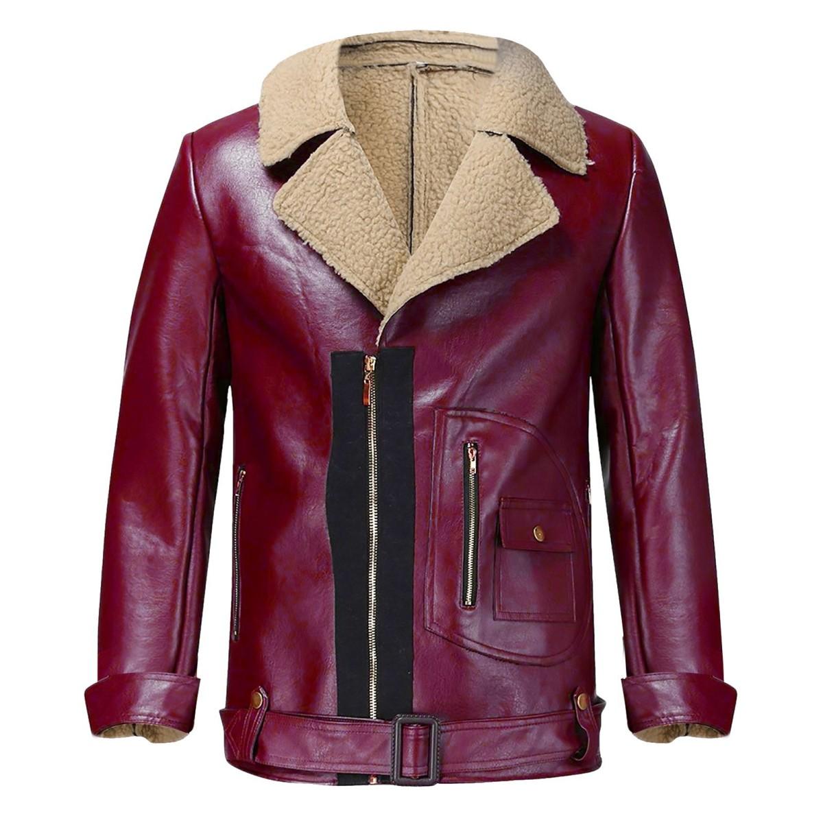 

Мужская короткая облегающая кожаная куртка с утолщенной молнией и длинными рукавами L красный