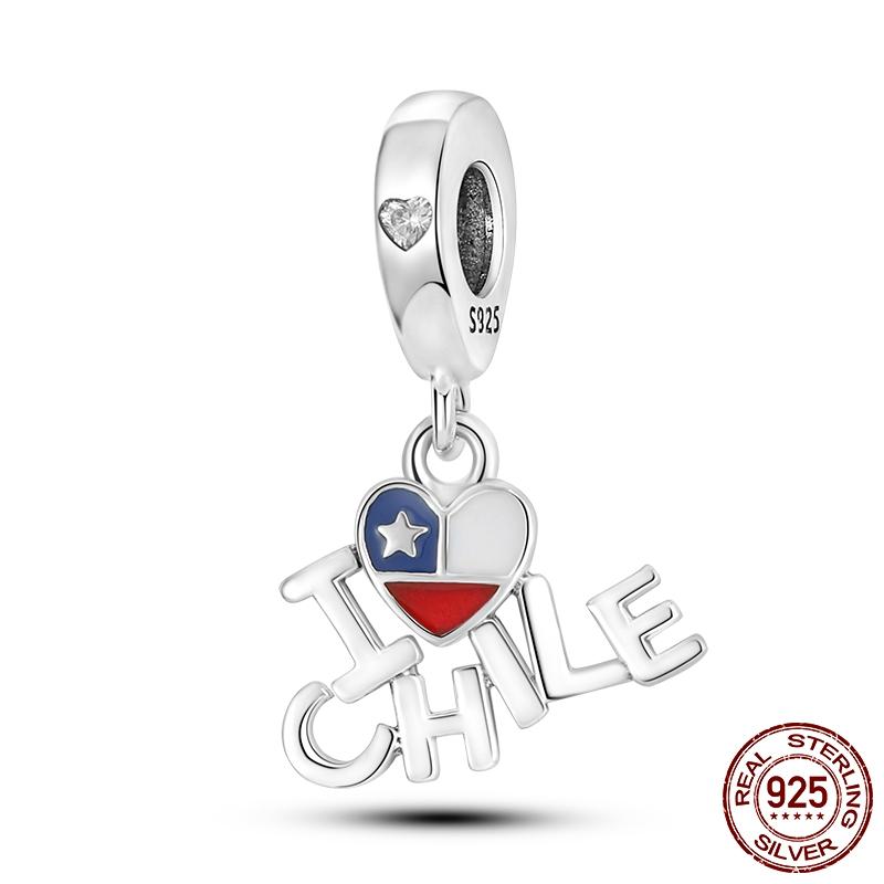 I Love Chile 925 Silver Dangle Charms Fit Original Charm Bracelet DIY For Jewelry Making Heart National Flag Letter Charm