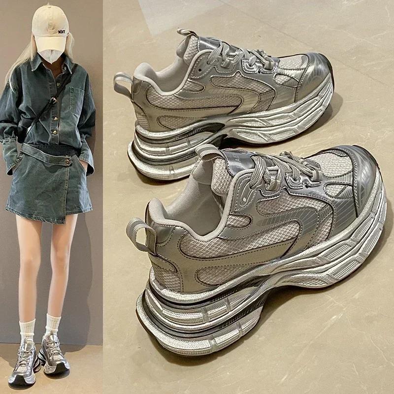 Women's Chunky Sneakers White Luxary Ladies Running Casual Sneakers Fashion Light Sports Fitness Mesh Shoes Mid Heel Pumps