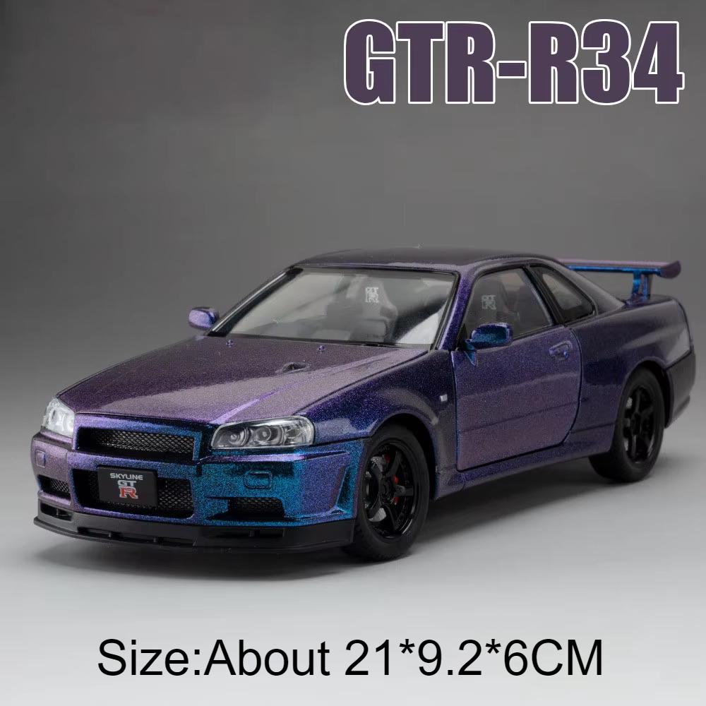 Scale 1:24 GTR R34 Car Model Toy Wheel Steering Doors Opened Sports Cars Music Light Pull Back Models Boys Interactive Toys